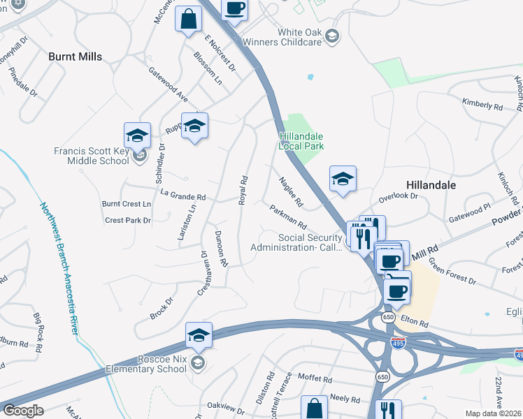 map of restaurants, bars, coffee shops, grocery stores, and more near 10332 Parkman Road in Silver Spring