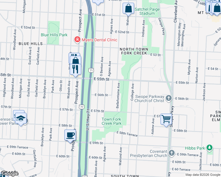 map of restaurants, bars, coffee shops, grocery stores, and more near 5517 Agnes Avenue in Kansas City
