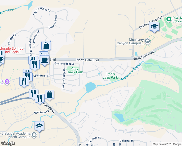 map of restaurants, bars, coffee shops, grocery stores, and more near 1129 Spectrum Loop in Colorado Springs