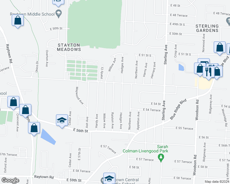 map of restaurants, bars, coffee shops, grocery stores, and more near 5317 Ralston Avenue in Raytown