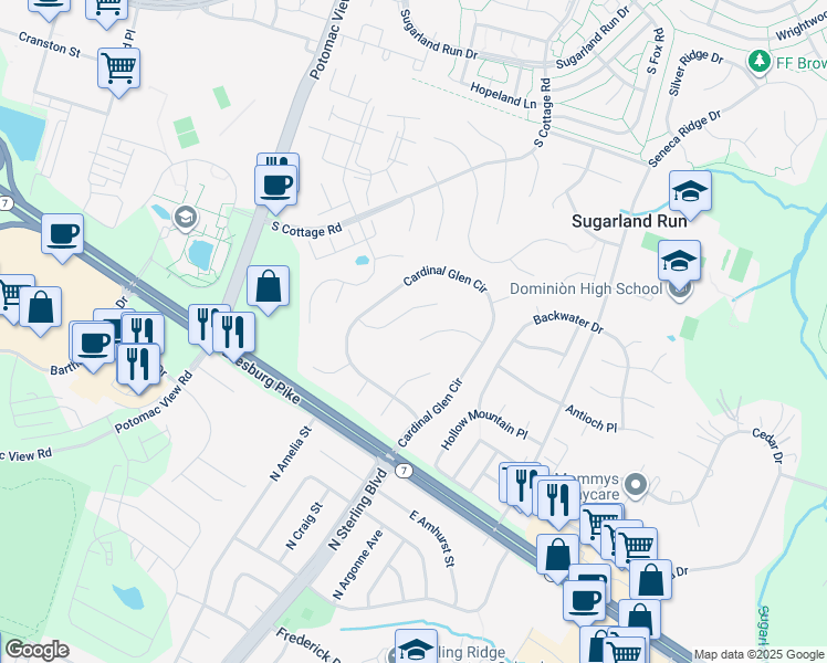 map of restaurants, bars, coffee shops, grocery stores, and more near 11 Coloma Court in Sterling