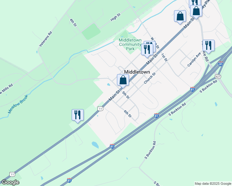 map of restaurants, bars, coffee shops, grocery stores, and more near 8021 Main Street in Middletown