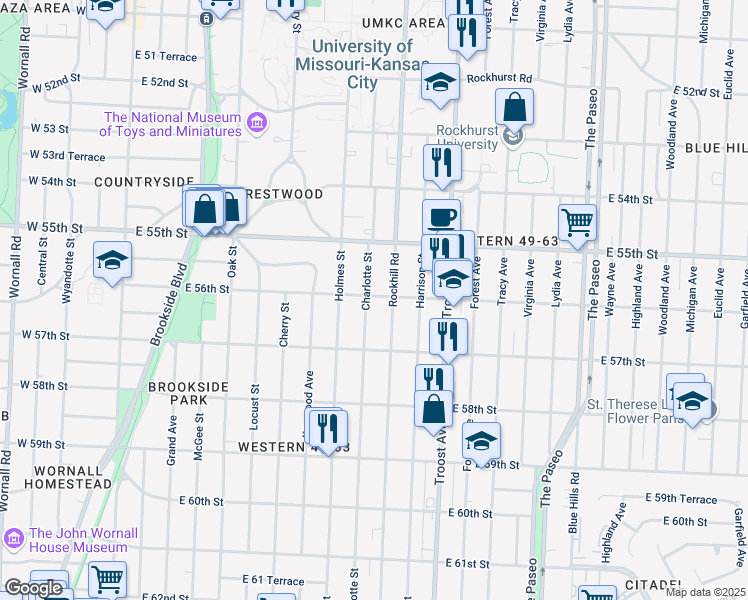 map of restaurants, bars, coffee shops, grocery stores, and more near 5544 Rockhill Road in Kansas City