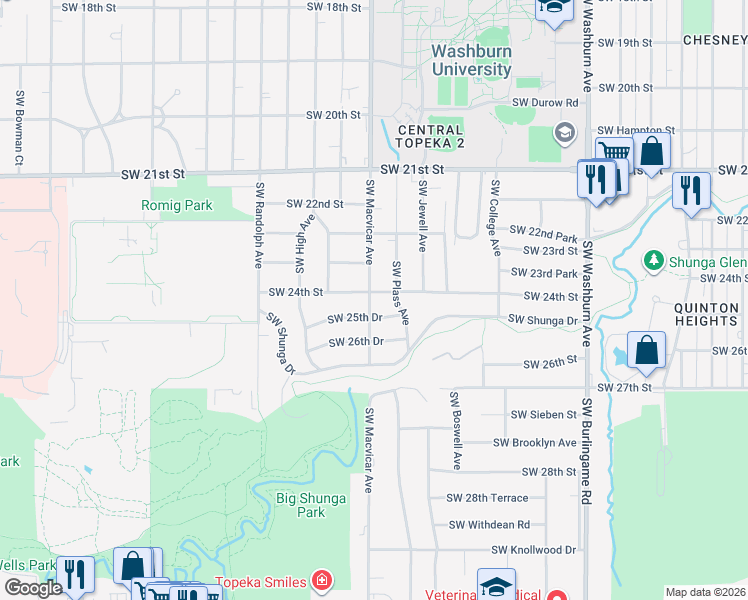 map of restaurants, bars, coffee shops, grocery stores, and more near 2325 Southwest 24th Street in Topeka