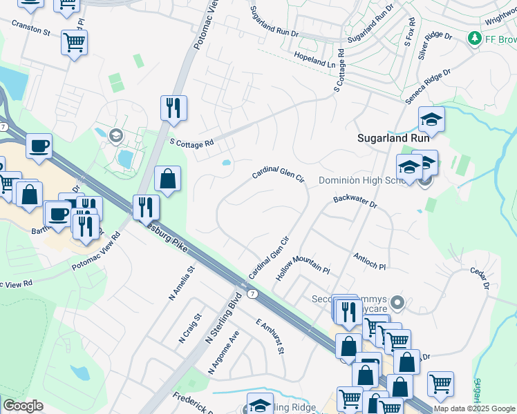 map of restaurants, bars, coffee shops, grocery stores, and more near 11 Coloma Court in Sterling