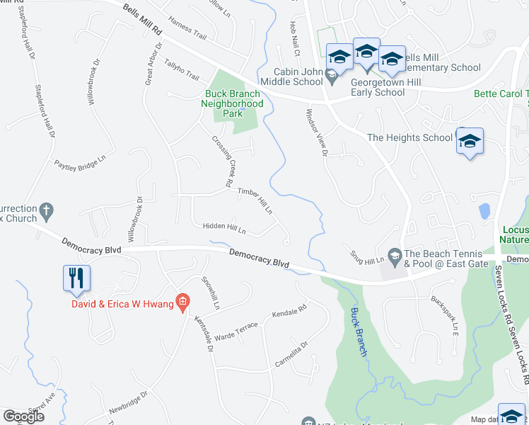 map of restaurants, bars, coffee shops, grocery stores, and more near 8604 Timber Hill Lane in Rockville