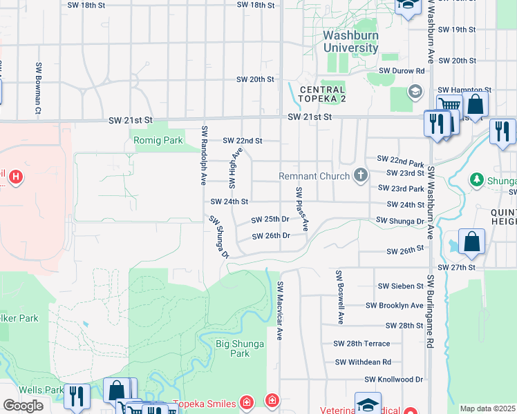 map of restaurants, bars, coffee shops, grocery stores, and more near 2417 SW 24th St in Topeka