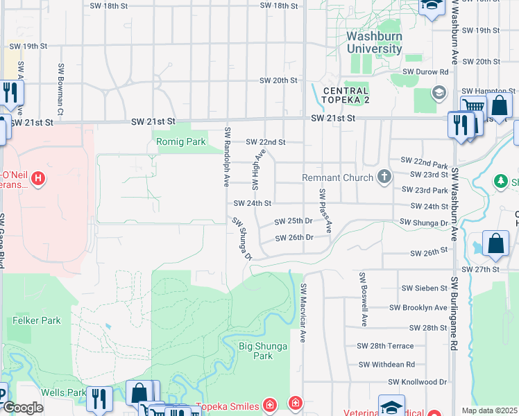 map of restaurants, bars, coffee shops, grocery stores, and more near 2441 Southwest 24th Street in Topeka