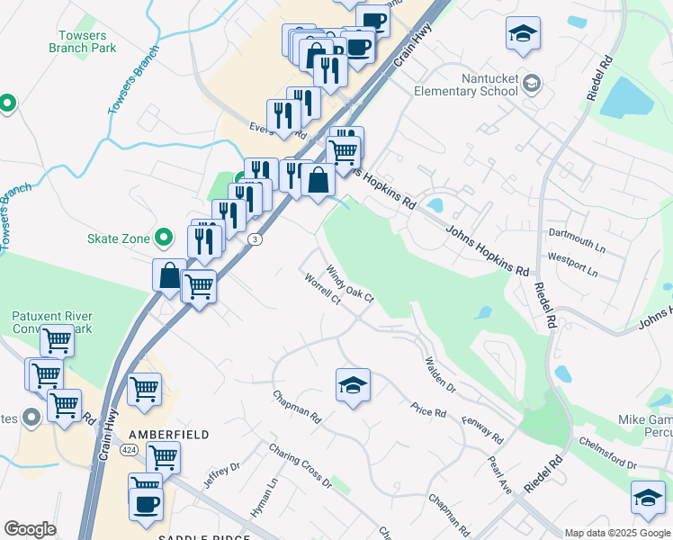 map of restaurants, bars, coffee shops, grocery stores, and more near 2572 Windy Oak Court in Crofton