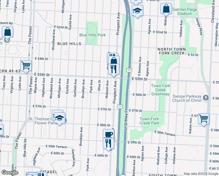 map of restaurants, bars, coffee shops, grocery stores, and more near 5528 Prospect Avenue in Kansas City