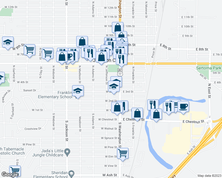 map of restaurants, bars, coffee shops, grocery stores, and more near 136 West 3rd Street in Junction City