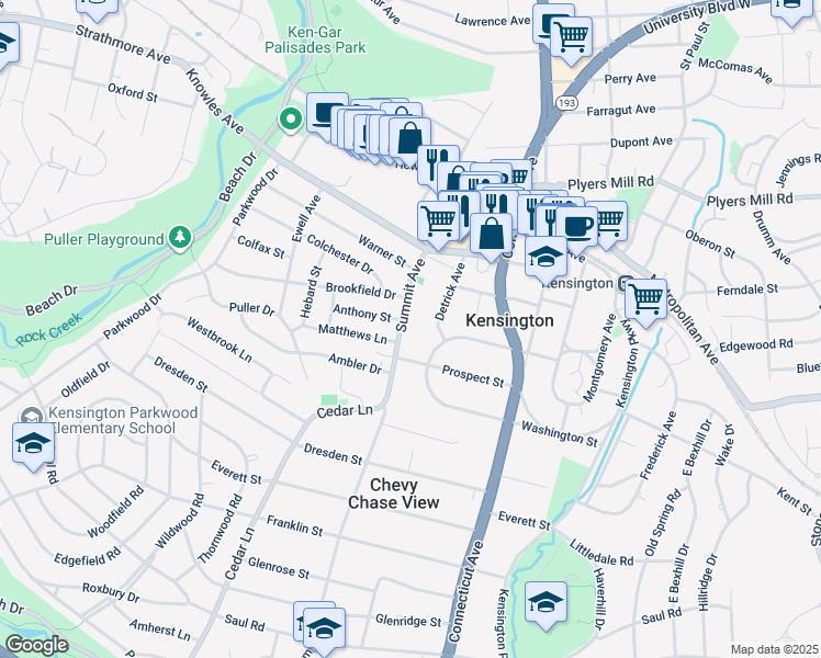 map of restaurants, bars, coffee shops, grocery stores, and more near 10319 Summit Avenue in Kensington