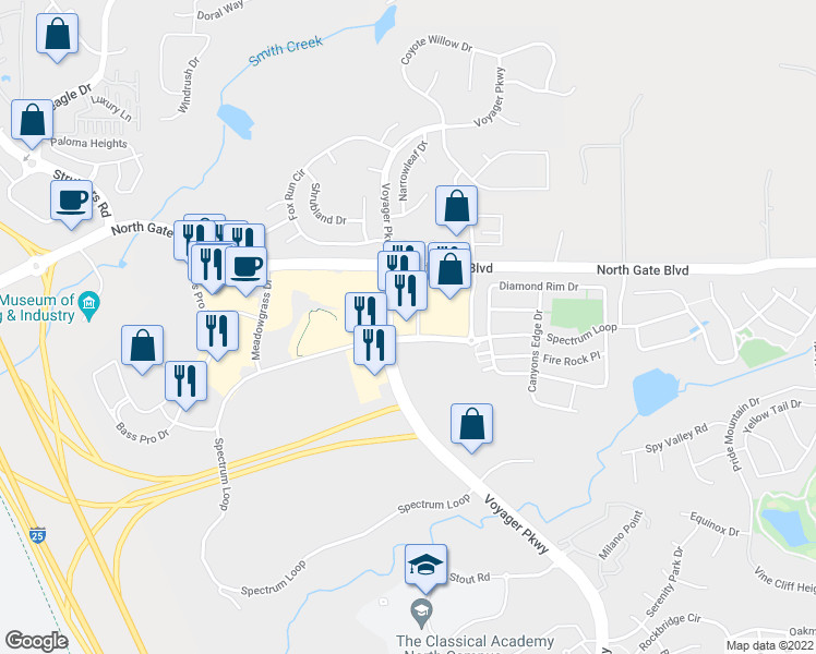 map of restaurants, bars, coffee shops, grocery stores, and more near 13315 Voyager Pkwy in Colorado Springs