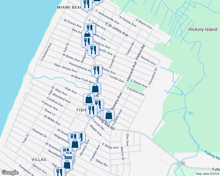map of restaurants, bars, coffee shops, grocery stores, and more near 28 East New York Avenue in Villas