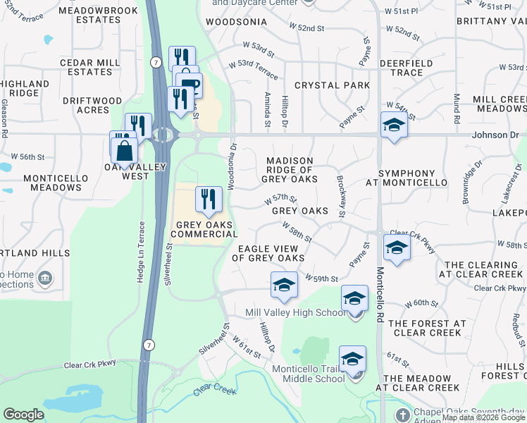 map of restaurants, bars, coffee shops, grocery stores, and more near 22419 West 57th Street in Shawnee