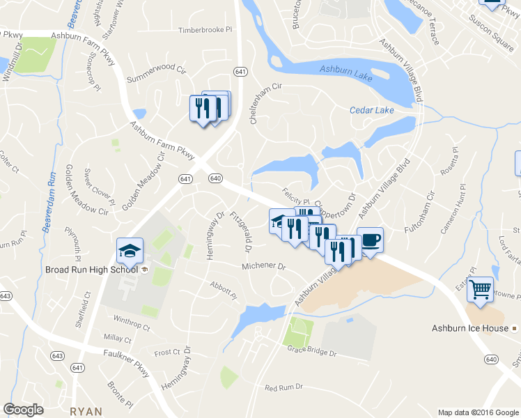 map of restaurants, bars, coffee shops, grocery stores, and more near 21360 Hansberry Terrace in Ashburn
