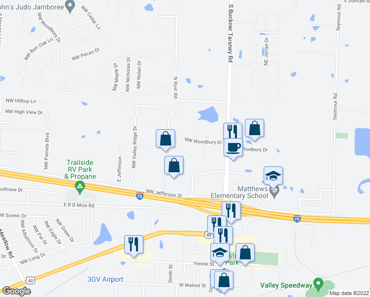 map of restaurants, bars, coffee shops, grocery stores, and more near 1293 Northwest Phelps Drive in Grain Valley