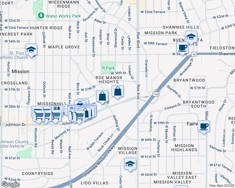 map of restaurants, bars, coffee shops, grocery stores, and more near 4906 West 58th Street in Roeland Park