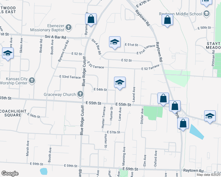 map of restaurants, bars, coffee shops, grocery stores, and more near 8954 East 54th Street in Raytown