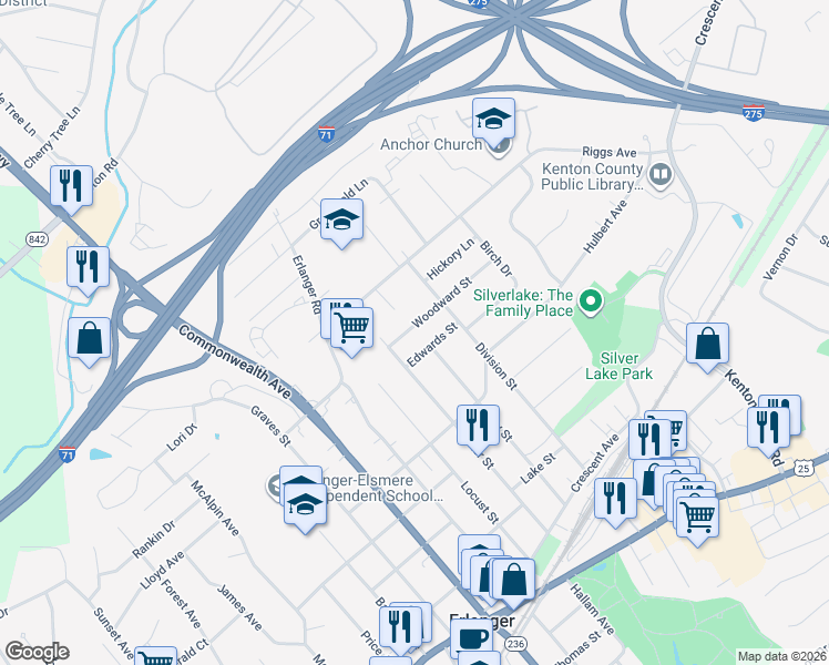 map of restaurants, bars, coffee shops, grocery stores, and more near 3213 Woodward Avenue in Erlanger