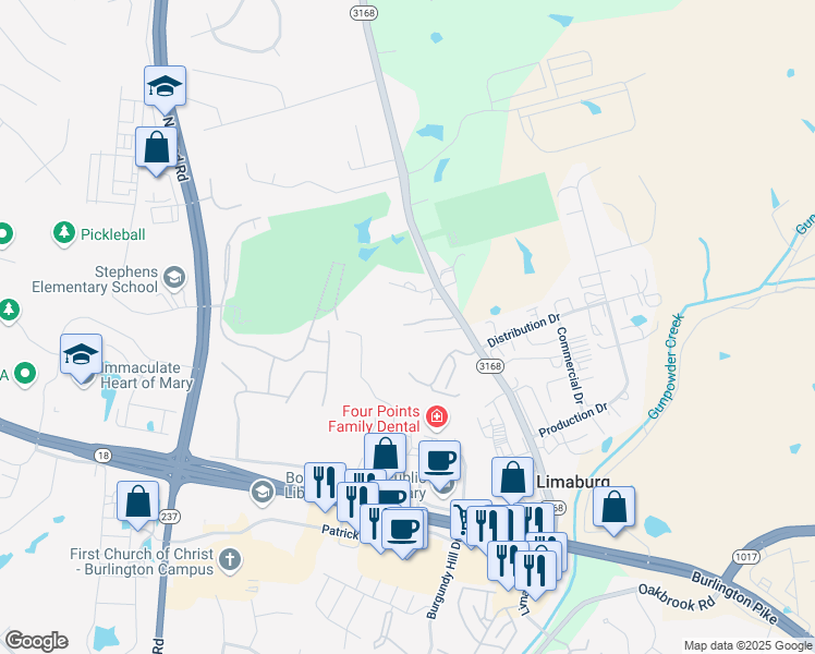 map of restaurants, bars, coffee shops, grocery stores, and more near 5537 Limaburg Road in Burlington