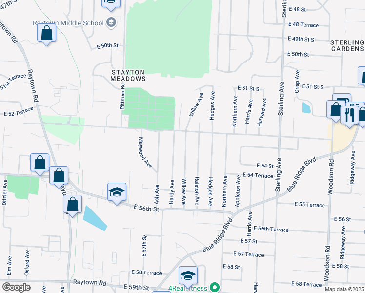 map of restaurants, bars, coffee shops, grocery stores, and more near 5313 Willow Avenue in Raytown