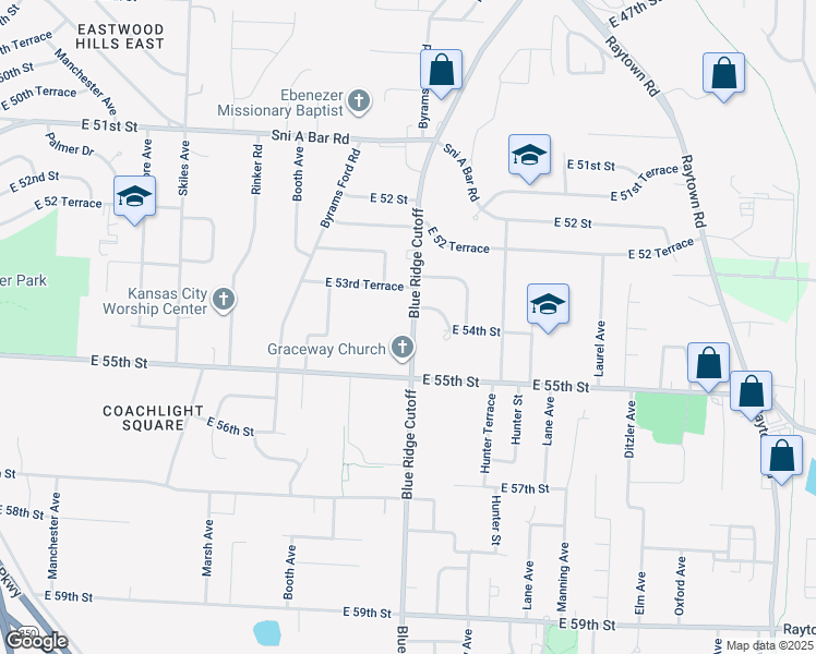 map of restaurants, bars, coffee shops, grocery stores, and more near 5440 Blue Ridge Cutoff in Kansas City