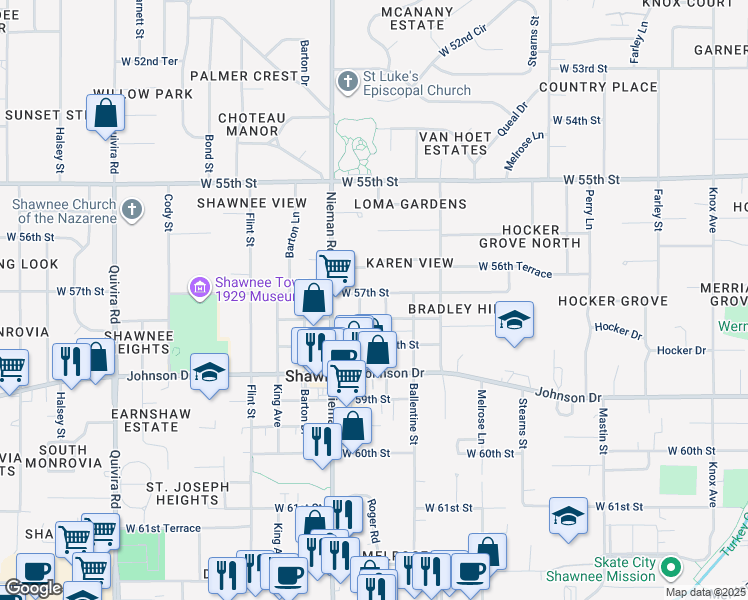 map of restaurants, bars, coffee shops, grocery stores, and more near 10913 West 57th Street in Shawnee