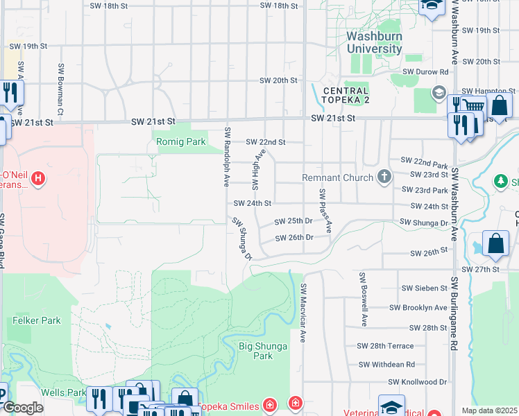 map of restaurants, bars, coffee shops, grocery stores, and more near 2441 Southwest 24th Street in Topeka
