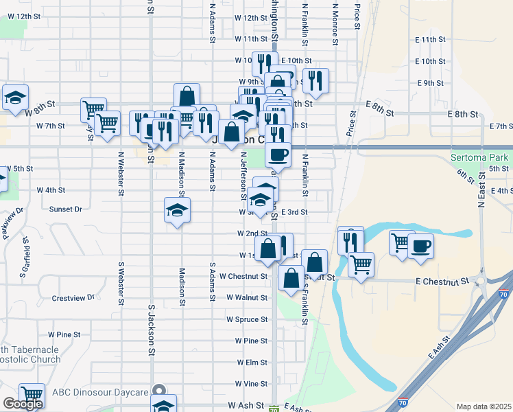 map of restaurants, bars, coffee shops, grocery stores, and more near 136 West 3rd Street in Junction City
