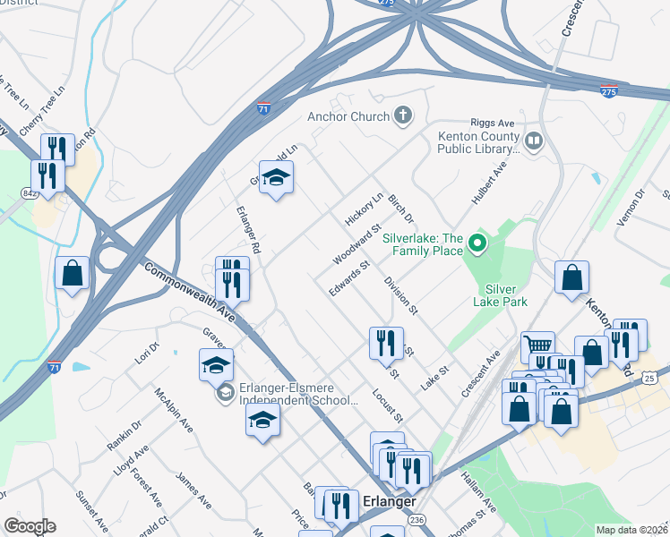 map of restaurants, bars, coffee shops, grocery stores, and more near 3213 Woodward Avenue in Erlanger
