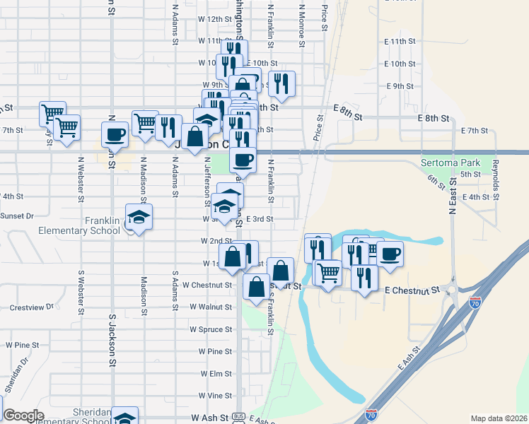 map of restaurants, bars, coffee shops, grocery stores, and more near 136 East 3rd Street in Junction City