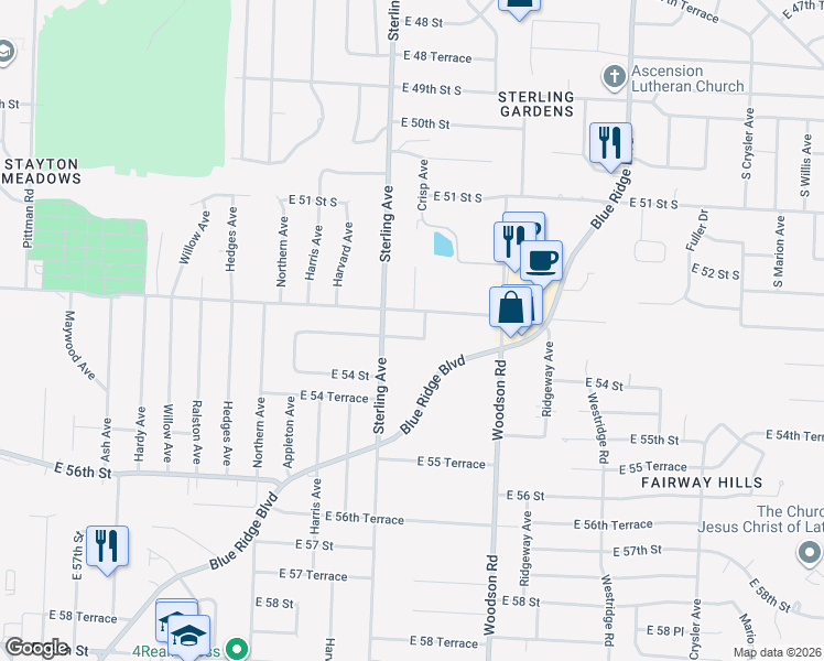 map of restaurants, bars, coffee shops, grocery stores, and more near 11216 East 53 Terrace in Raytown