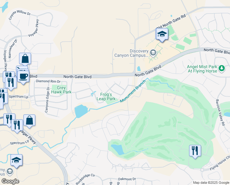 map of restaurants, bars, coffee shops, grocery stores, and more near 13366 Cedarville Way in Colorado Springs