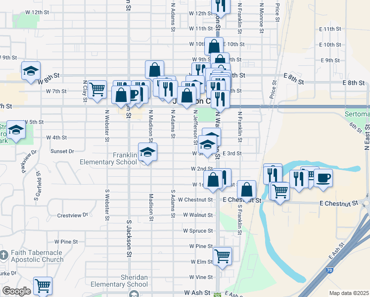 map of restaurants, bars, coffee shops, grocery stores, and more near 222 West 3rd Street in Junction City