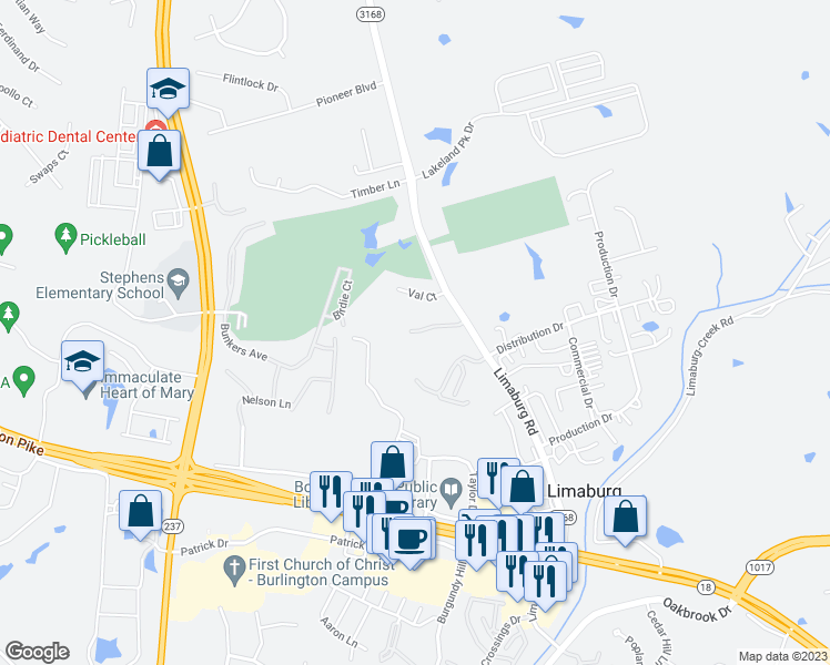 map of restaurants, bars, coffee shops, grocery stores, and more near 5537 Limaburg Road in Burlington