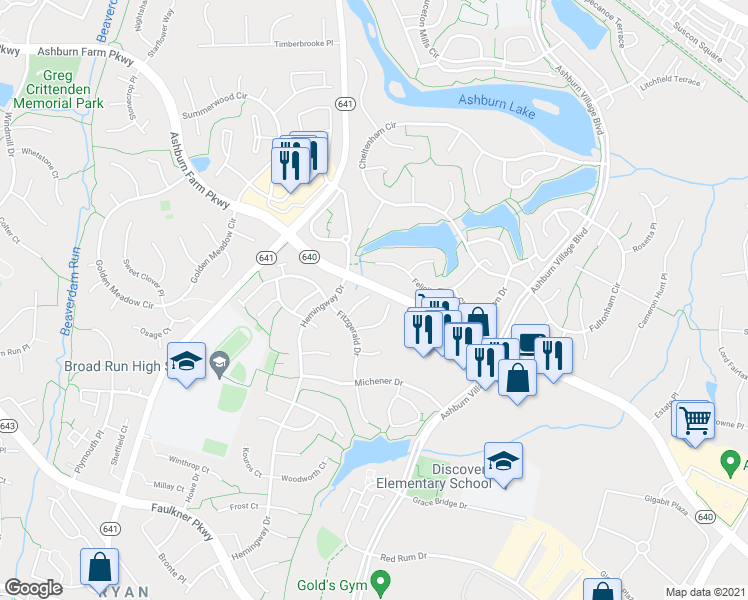 map of restaurants, bars, coffee shops, grocery stores, and more near 21360 Hansberry Terrace in Ashburn