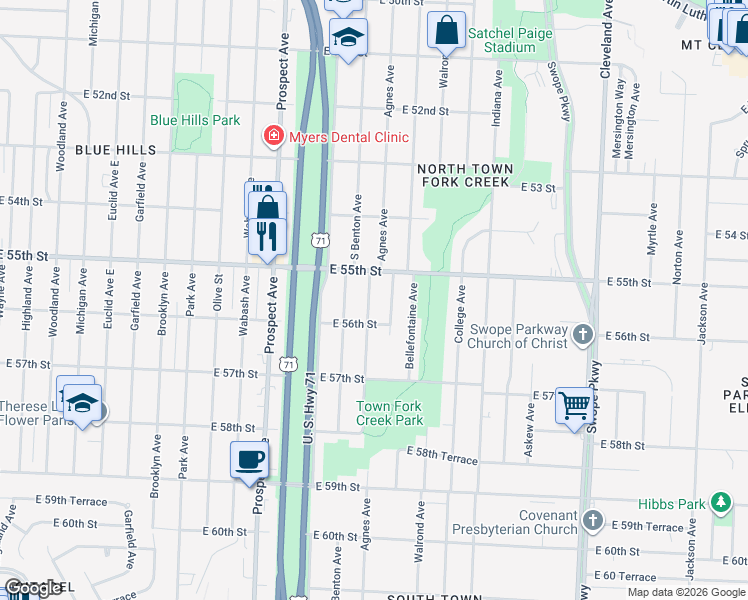 map of restaurants, bars, coffee shops, grocery stores, and more near 5517 Agnes Avenue in Kansas City