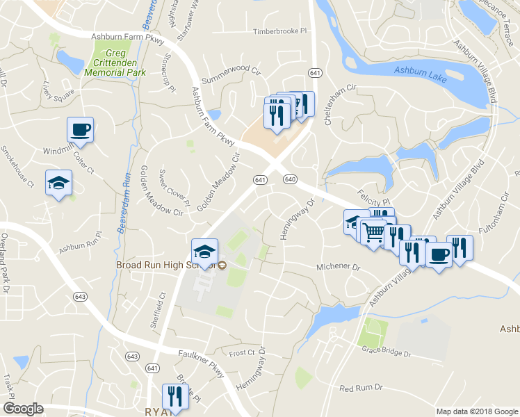 map of restaurants, bars, coffee shops, grocery stores, and more near 21369 Twain Terrace in Ashburn