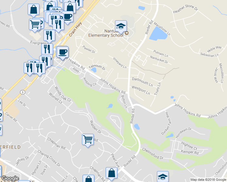 map of restaurants, bars, coffee shops, grocery stores, and more near 1541 Ashburnham Drive in Crofton