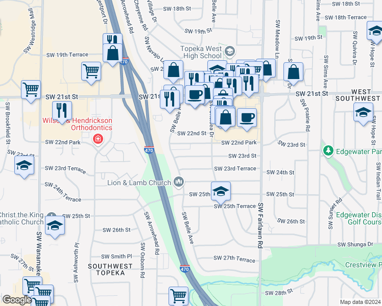 map of restaurants, bars, coffee shops, grocery stores, and more near 5532 Southwest 23rd Street in Topeka