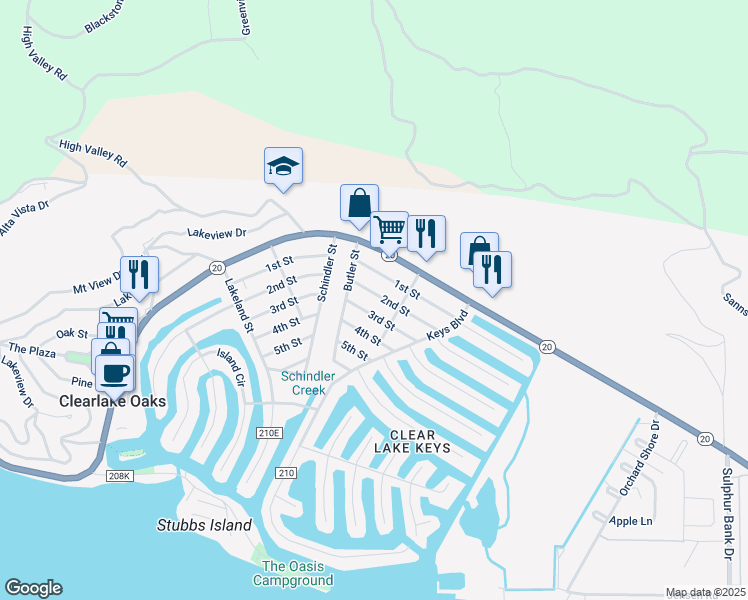 map of restaurants, bars, coffee shops, grocery stores, and more near 13167 2nd Street in Clearlake Oaks
