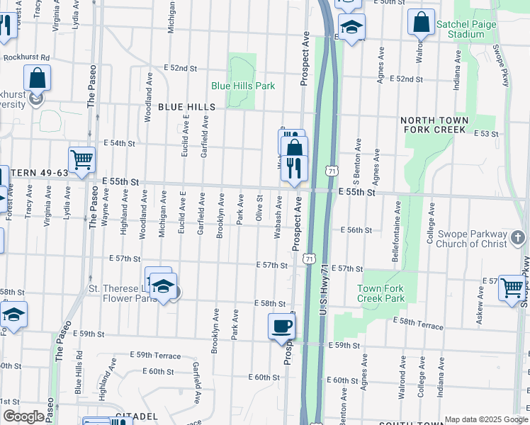 map of restaurants, bars, coffee shops, grocery stores, and more near 5531 Olive Street in Kansas City