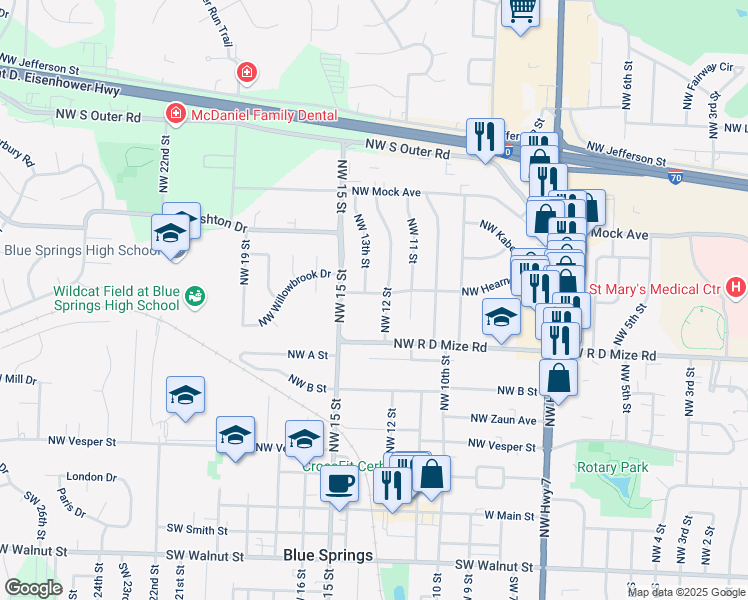 map of restaurants, bars, coffee shops, grocery stores, and more near 1202 Northwest Hearnes Avenue in Blue Springs