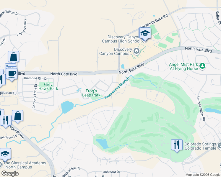 map of restaurants, bars, coffee shops, grocery stores, and more near 13435 Cedarville Way in Colorado Springs