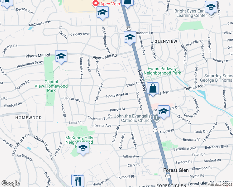 map of restaurants, bars, coffee shops, grocery stores, and more near 2405 Homestead Drive in Silver Spring