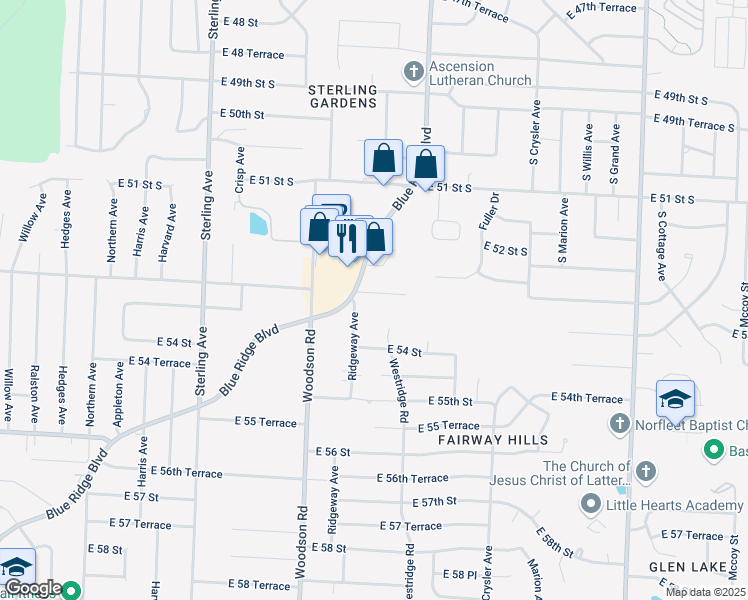 map of restaurants, bars, coffee shops, grocery stores, and more near 5301 Ridgeway Avenue in Raytown