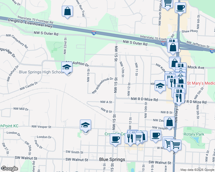 map of restaurants, bars, coffee shops, grocery stores, and more near 711 Northwest 16 Street in Blue Springs