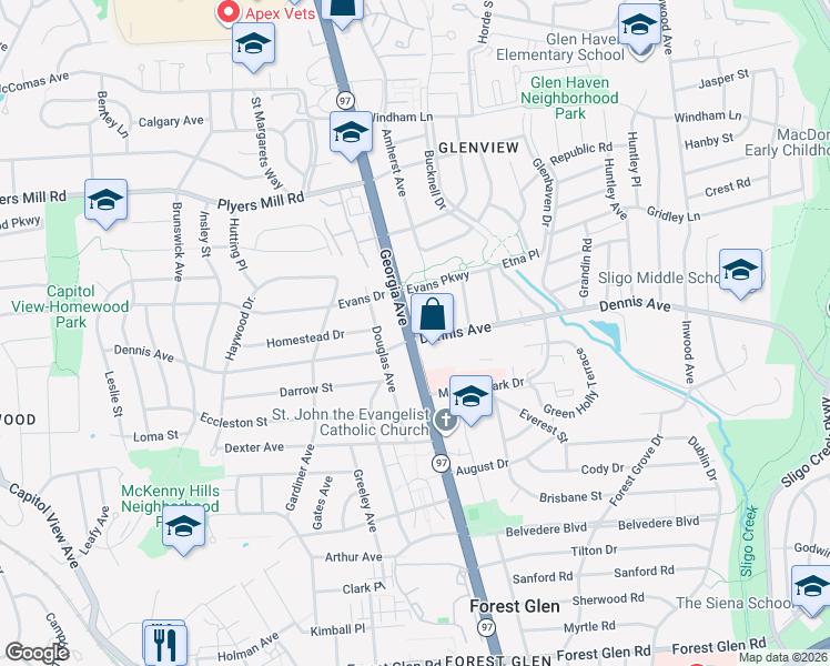 map of restaurants, bars, coffee shops, grocery stores, and more near 10401 Maryland 97 in Silver Spring