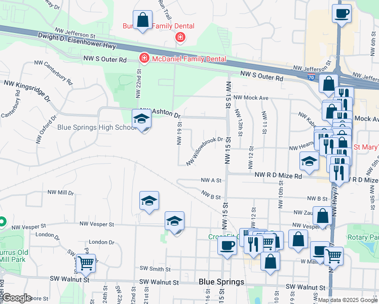 map of restaurants, bars, coffee shops, grocery stores, and more near 705 Northwest 18 Street in Blue Springs